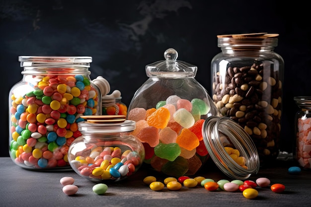 Overflowing candy jar on counter next to jars of nuts and other candies created with generative ai