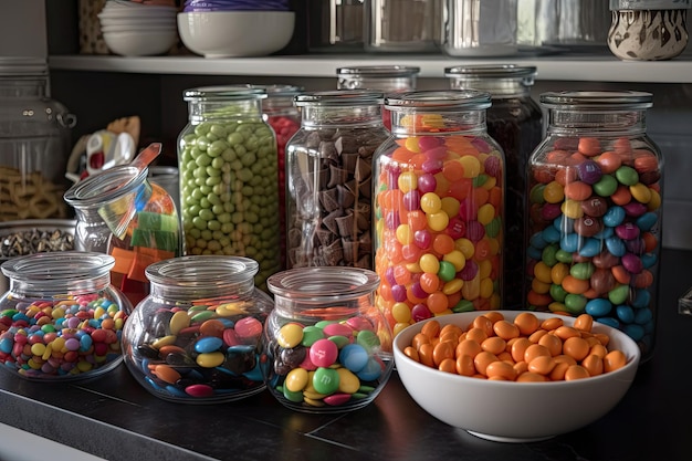 Overflowing candy jar on counter next to jars of nuts and other candies