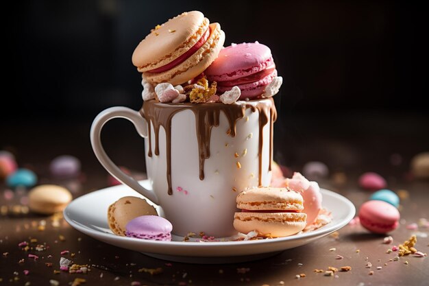 Overflowing chocolate mug with macarons