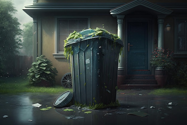 Overflowing garbage bin in yard of residential house after rain