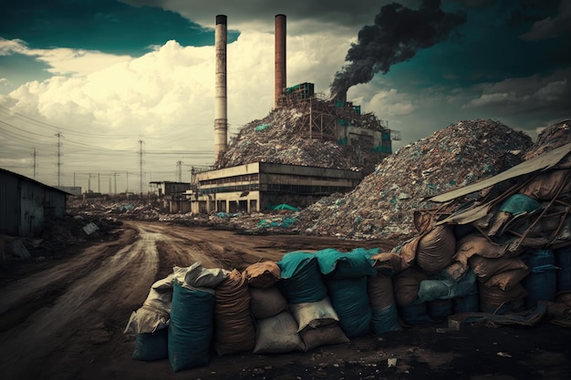 화학 공장 인근 도시 산업 지구에 넘쳐나는 쓰레기 더미