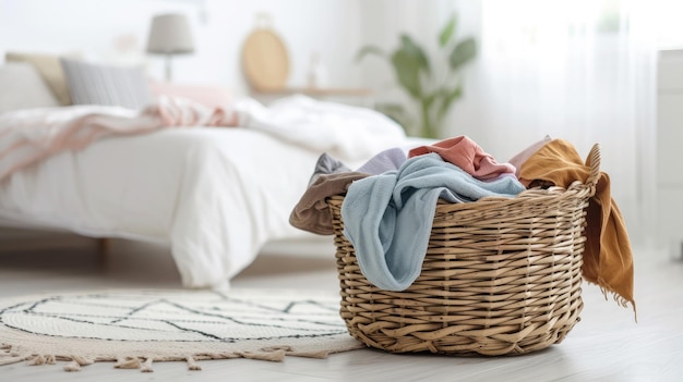 Overflowing laundry basket on the bedroom floor