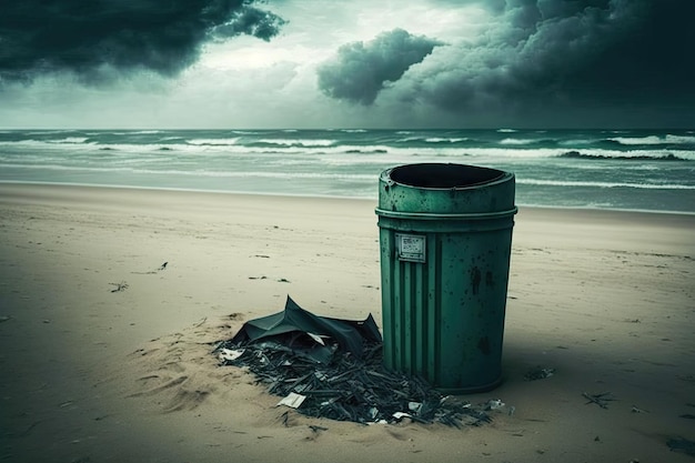 An overflowing trash bin on a beach with the sea in the background