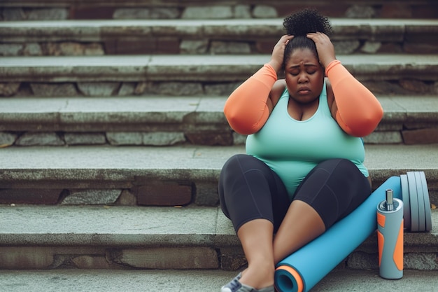 Foto overgewicht afro-amerikaanse vrouw moe na workout