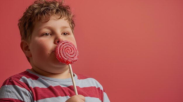 Overgewicht blanke jongen op een schone achtergrond die een lolly en grote ruimte consumeert Generatieve AI