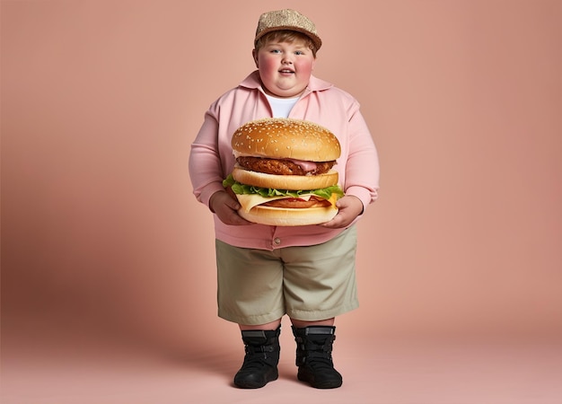 Overgewicht kind met een grote burger obesitas junkfood en gezondheidszorg concepten