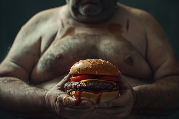 Overgewicht man met een grote verleidelijke burger die ongezonde voedingskeuzes vertegenwoordigt