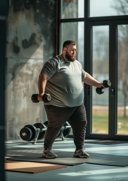 Overgewicht man oefent met dumbbells in de sportschool