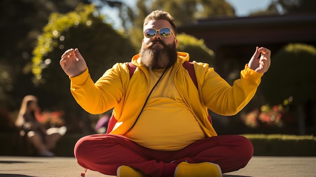 Overgewicht oudere man beoefenen van yoga in het park