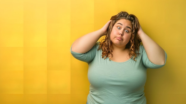 Foto overgewicht vrouw in nood tegen een kleurrijke achtergrond generatieve ai