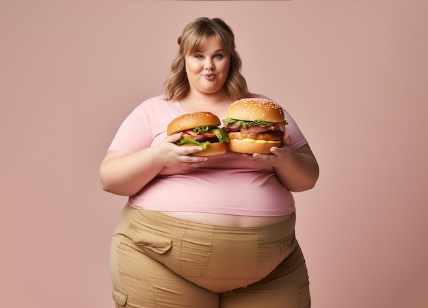 Overgewicht vrouw met grote burgers obesitas junkfood en gezondheidszorg concepten
