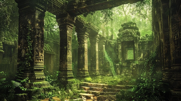 Foto overgroeide mystieke tempel in de dichte jungle mysterieuze ruïnes met zonlicht dat door bomen filtert