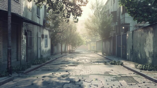 Photo an overgrown and abandoned city street with broken asphalt and overgrown with weeds the buildings are covered in graffiti and the windows boarded up