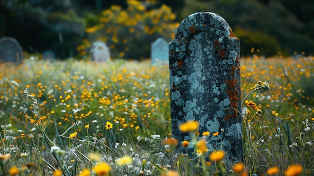 Foto un cimitero coperto di vegetazione con una vecchia lapide in primo piano la lapide è coperta di muschio e licheni l'erba è lunga e selvaggia