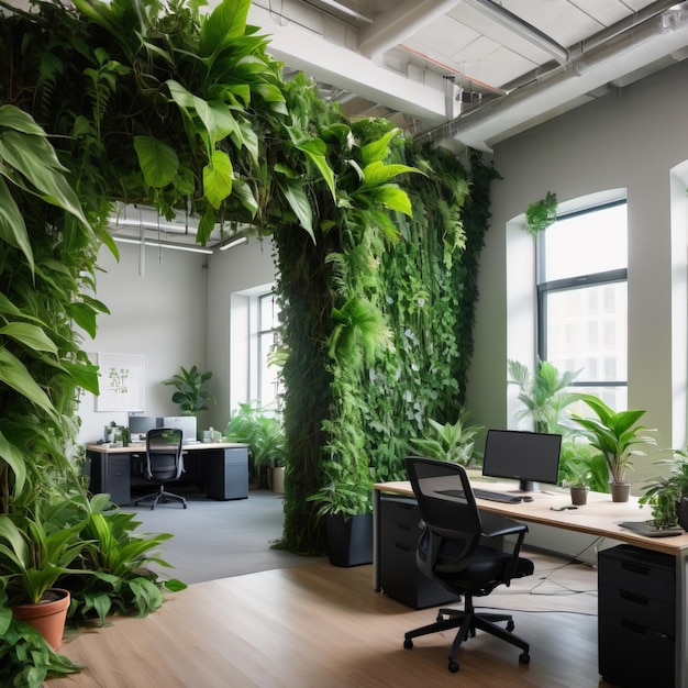 Photo overgrown jungle in office with vines and plants