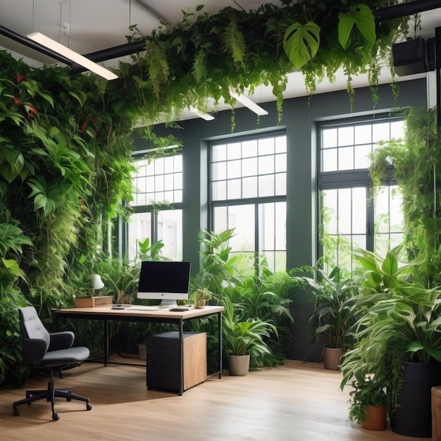 Photo overgrown jungle in office with vines and plants