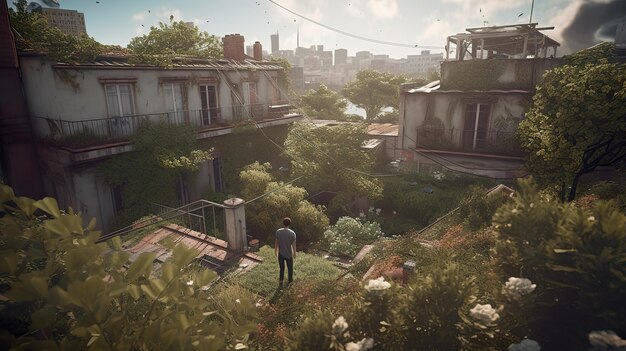 Overgrown roofs of an abandoned city ai generate