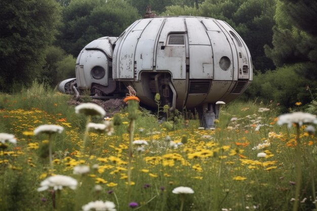 Photo overgrown spacecraft nestled in a field of wildflowers created with generative ai