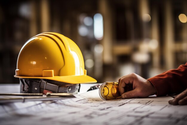 overhandig bouwplannen met gele helm en tekengereedschap