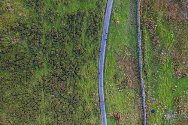 Overhead aerial view of a countryside road in North Wales