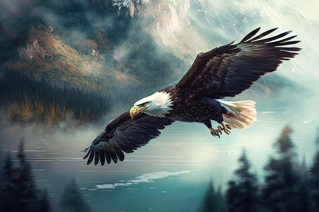 Photo overhead a bald eagle soars over the mist
