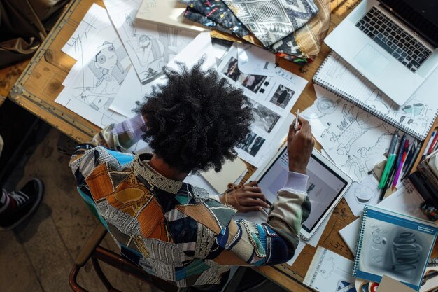 Overhead of biracial male fashion designer sitting at desk using tablet and sketches at studio