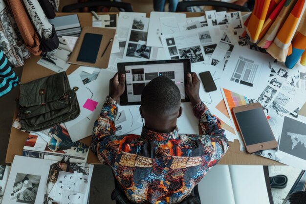 Overhead of biracial male fashion designer sitting at desk using tablet and sketches at studio