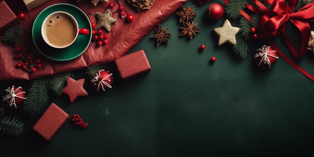 Overhead of Christmas decor gifts a mug and pine cones on a redgreen backdrop