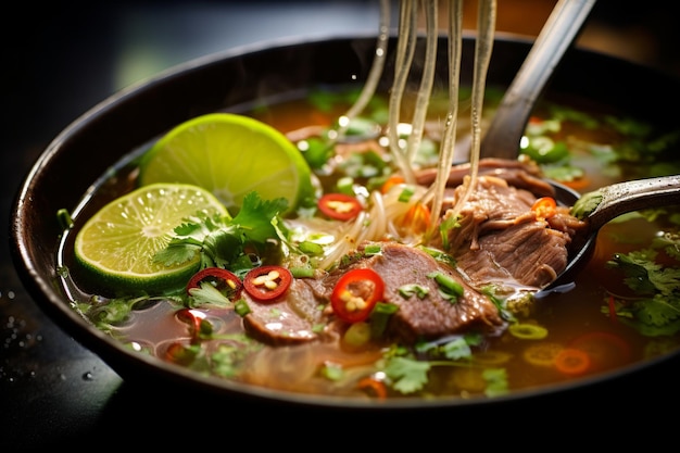 Overhead Delight Steamy Pho in a Dance of Ingredients and Aroma