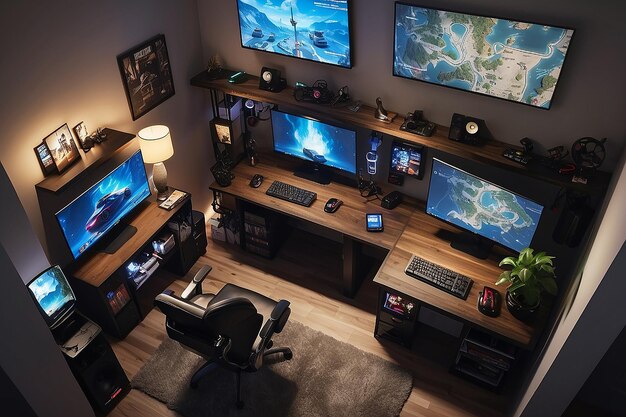 Photo overhead desk layout focus comprehensive gaming room view