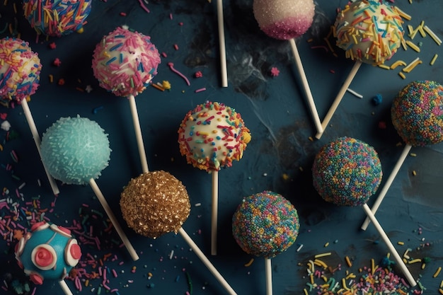 Overhead flat lay of cake pop baked treats for a party celebration Generative ai