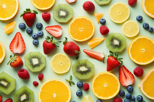 Overhead flat lay of mixed summer fruits in a geometric pattern on pastel background
