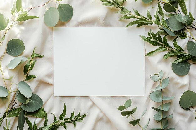 Overhead flat lay view of a blank white invitation stationery card with eucalyptus leaves