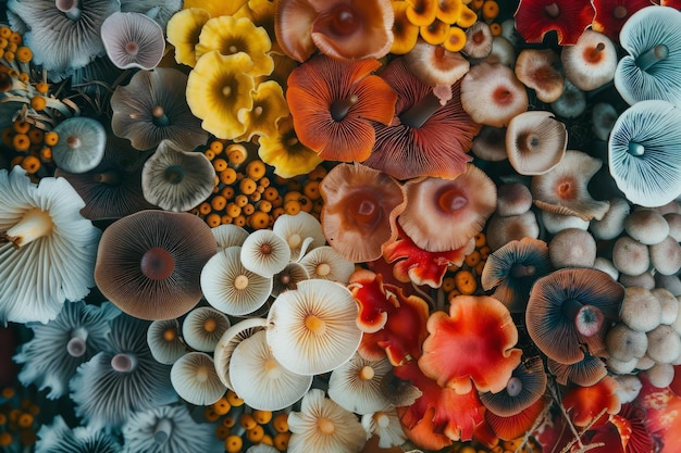 Overhead flat lay view of different varieties of mushroom and fungi