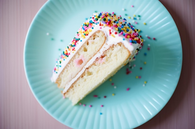 Overhead flat lay view of a slice of birthday party celebration cake