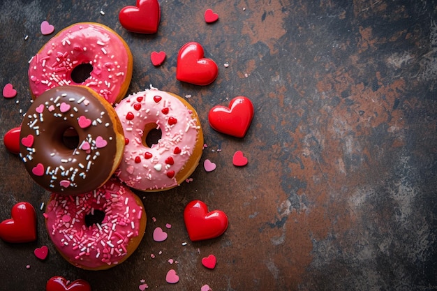 Overhead flat lay view of valentines day frosted doughnuts