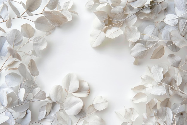 Overhead flat lay view of white eucalyptus leaves in a frame around a blank space for text