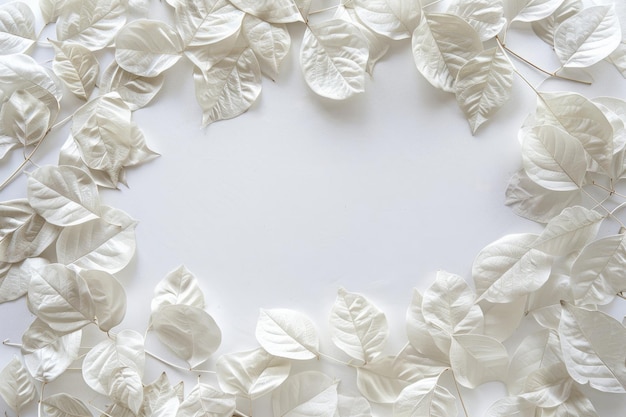 Overhead flat lay view of white eucalyptus leaves in a frame around a blank space for text