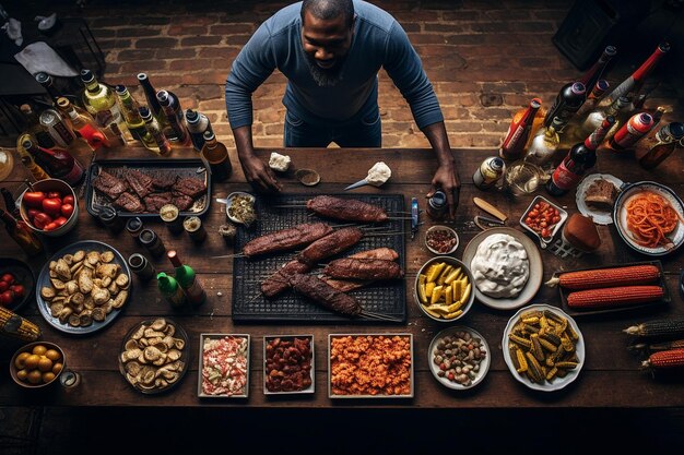 Foto overhead opname van een barbecue verjaardagsfeestje met een grillmeester op het werk