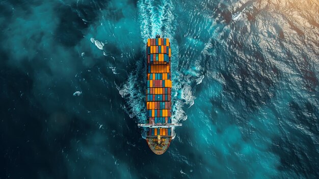 Overhead opname van een containerschip in het midden van zijn oceaanreis AI Generative