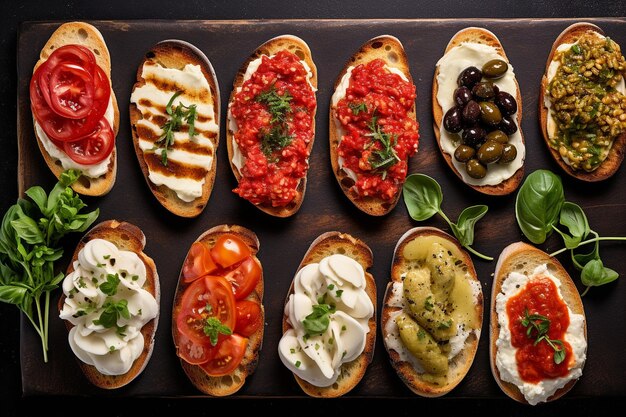 Foto overhead opname van een diy bruschetta bar met verschillende toppings