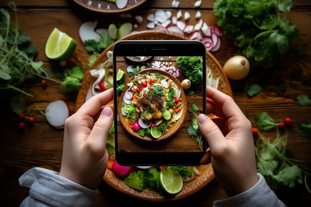 Overhead opname van een foodblogger die een platte lay van Pozole vasthoudt