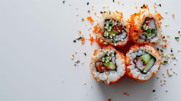 Overhead opname van een Spicy Tuna Roll op een minimalistische witte achtergrond