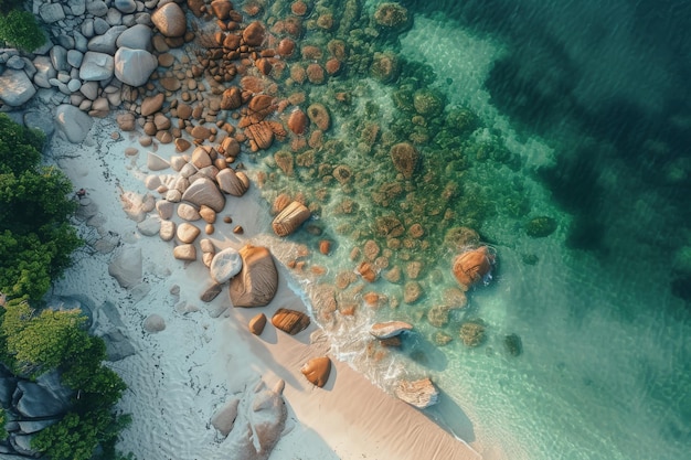 Перспектива с высоты изображает пляж, украшенный скалами и покрытый мягкими волнами. Вид птичьего глаза на песчаный берег, усеянный валунами.
