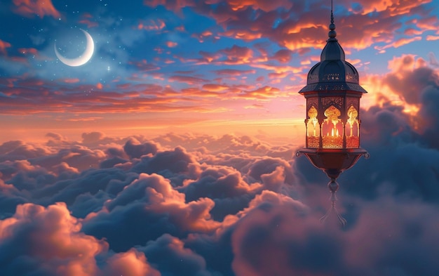Перспектива над облаками с полумесяцем Рамадана и Рамаданским фонарем