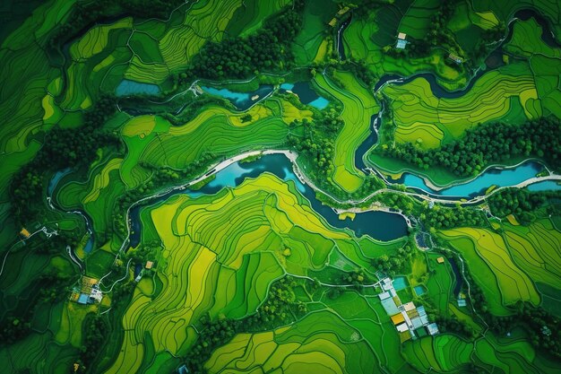 an overhead perspective of a lush meadow with a river cutting through the middle of it