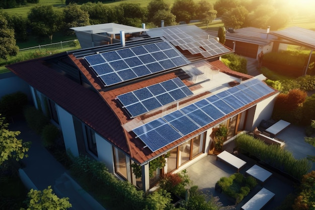 An overhead perspective of a privately owned house equipped with solar photovoltaic panels installed