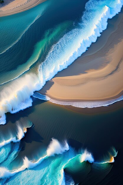 Overhead photo of crashing waves on the shoreline Tropical beach surf Abstract aerial ocean view