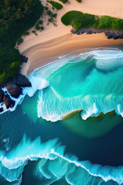 Overhead photo of crashing waves on the shoreline Tropical beach surf Abstract aerial ocean view