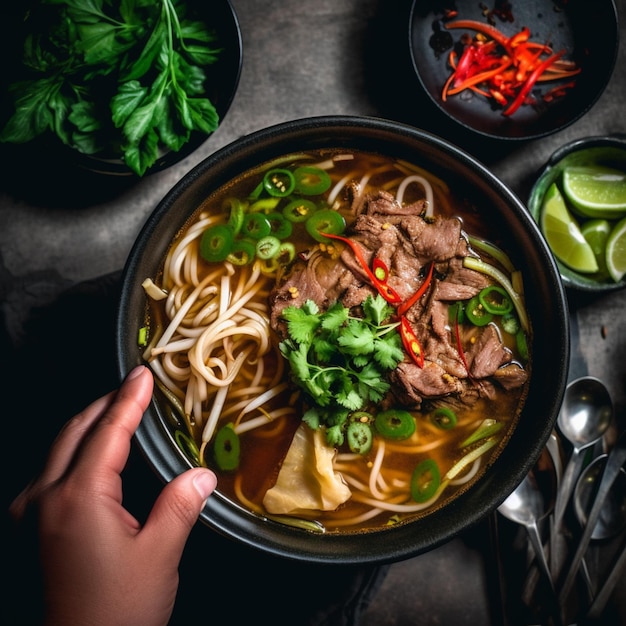 Photo overhead photo of eating vietnamese beef pho